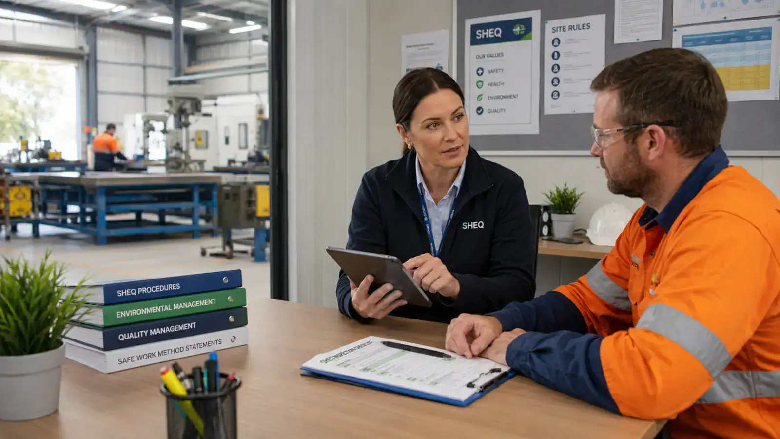SHEQ Advisor discussing safety, environmental and quality controls with an operational supervisor
