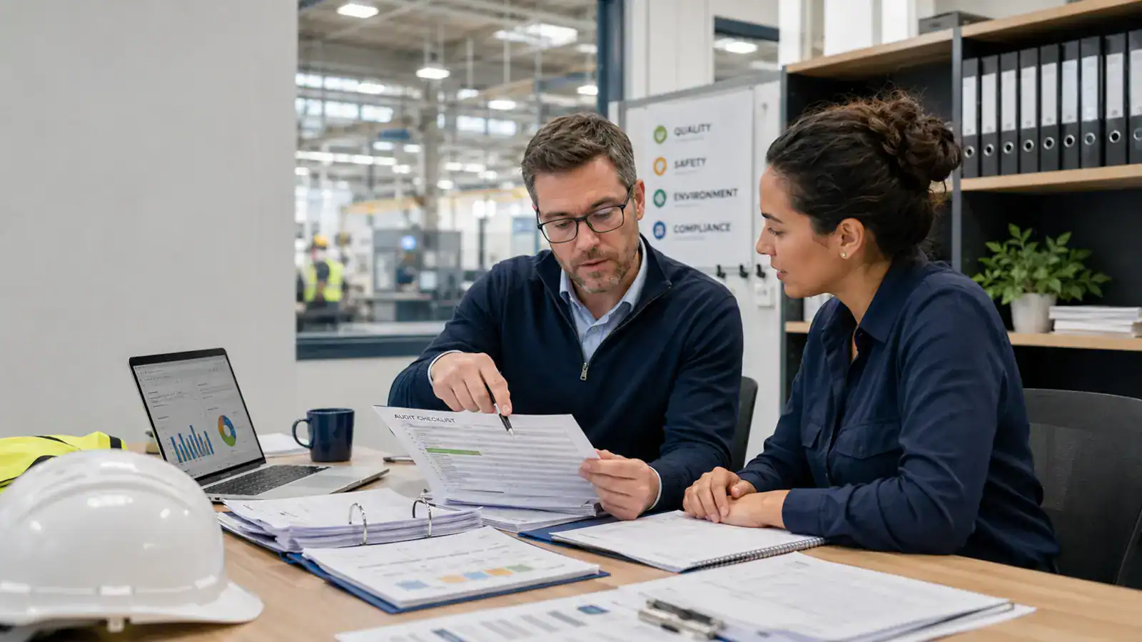 Management system auditor reviewing ISO audit evidence and process records