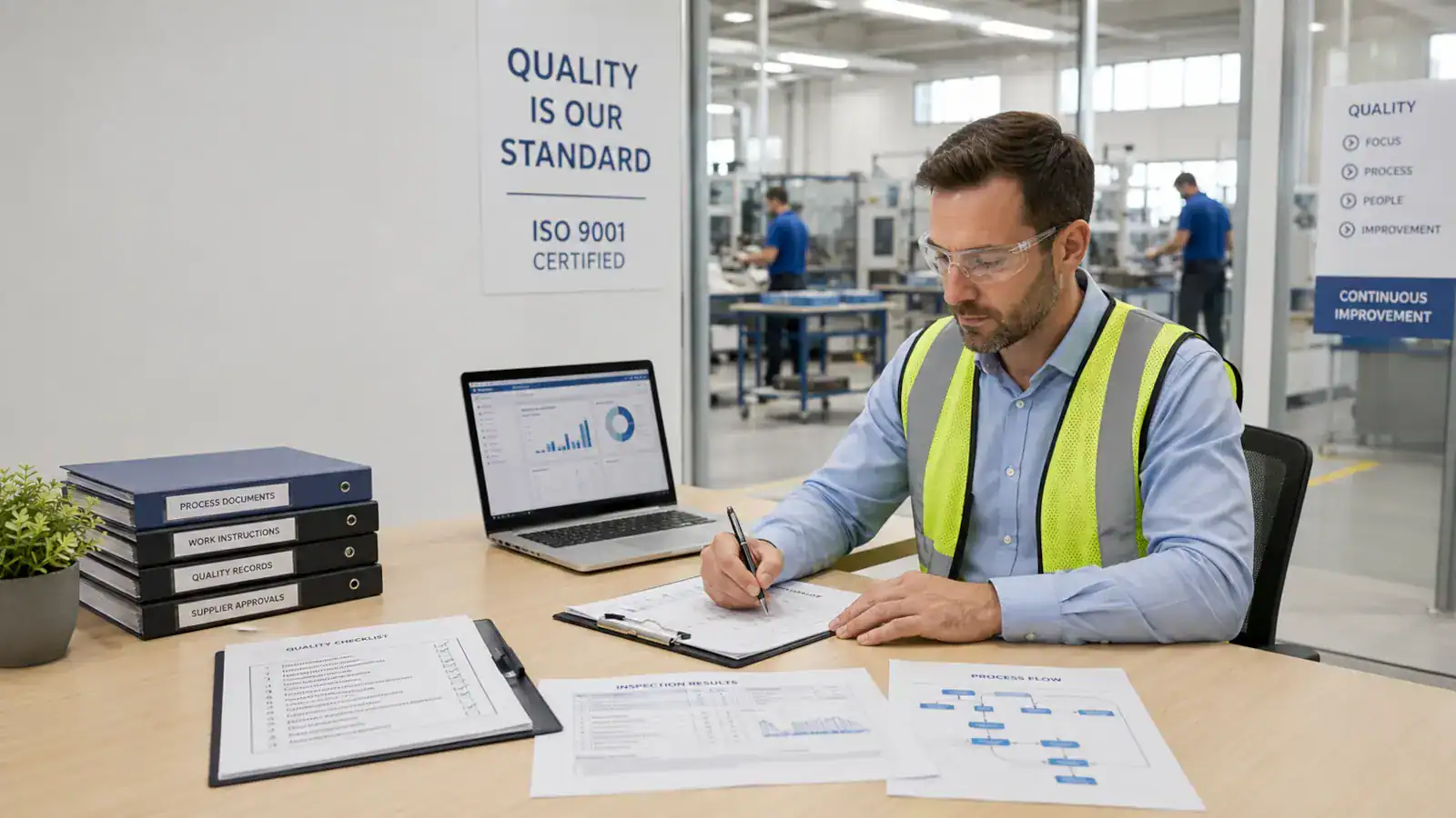 Quality management professional reviewing ISO 9001 process and audit documentation